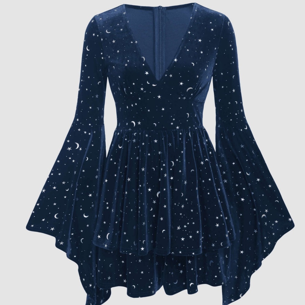CIDER Women's Velvet V-neck Star & Moon Pattern Bell Sleeve Romper Navy Blue